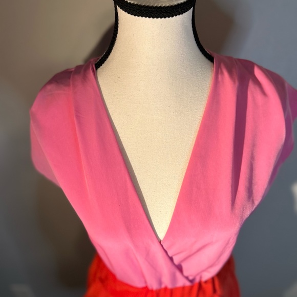 H&M V-Neck Short Sleeve Pink and Orange Mini Dress with Pockets Sz 6 - Picture 8 of 9